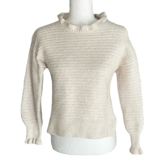 Madewell Oatmeal Cream Ruffle Neck Puff Sleeve Cropped Knit Sweater - L - Picture 5 of 16